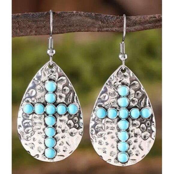 Handcrafted Silver Teardrop Cross‎ Earrings With Turquoise Accents NEW - Picture 1 of 3